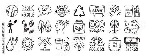 Monochrome eco icons set collection doodle hand drawn icon. Outline drawing ecology line clipart symbol.