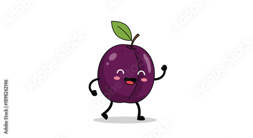 Cute and happy cartoon plum fruit character with a smiling face walking and waving in a fun friendly mascot style illustration.