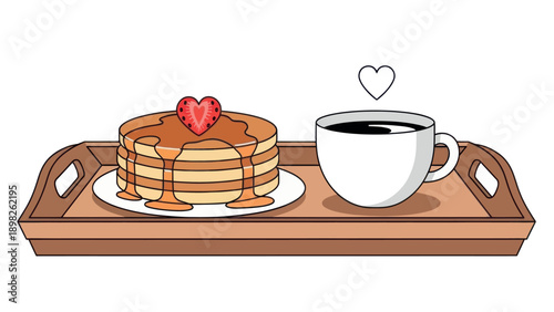 Delicious stack of golden pancakes with sweet syrup and a heart shaped strawberry served with a hot cup of black coffee on a wooden tray perfect for breakfast menus or special morning