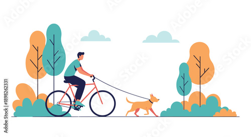 Young man riding a bicycle in a city park while taking his happy dog for a walk on a leash on a beautiful summer day.