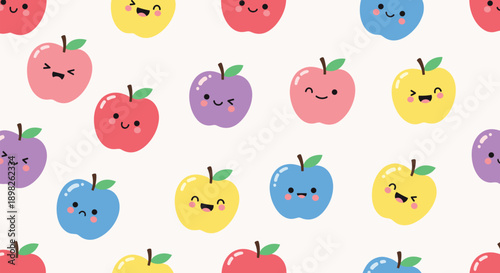 Seamless pattern background of cute and colorful kawaii apple characters with a variety of happy and funny facial expressions.