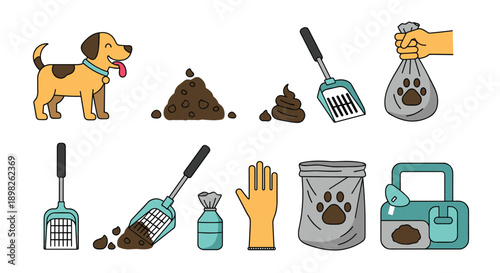 Collection of icons for cleaning up dog poop including a happy dog pet waste a scooper gloves and a disposal bag illustration.