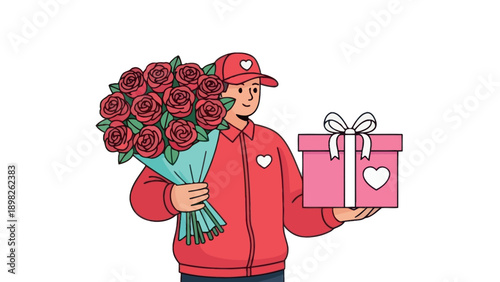 Thoughtful delivery man presenting a beautiful bouquet of red roses and a special pink gift box, perfect for expressing love and gratitude on holidays or special occasions.