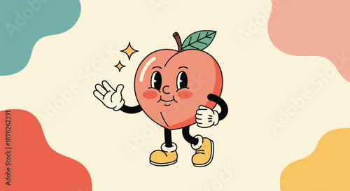 Retro cartoon peach fruit character with a smiling face and white gloves walking and waving in a classic 1930s mascot style.