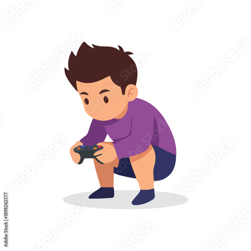 Young boy intensely playing video games with a controller.