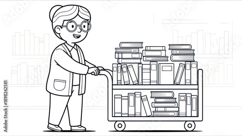 A friendly female librarian with round glasses pushes a book cart filled with various books, perfect for educational materials, literacy promotion, and librarythemed publications.