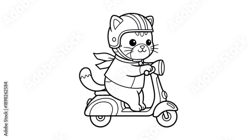 Adorable cat wearing a protective helmet and stylish scarf while confidently riding a scooter, perfect for kids coloring books, playful merchandise, and fun educational materials