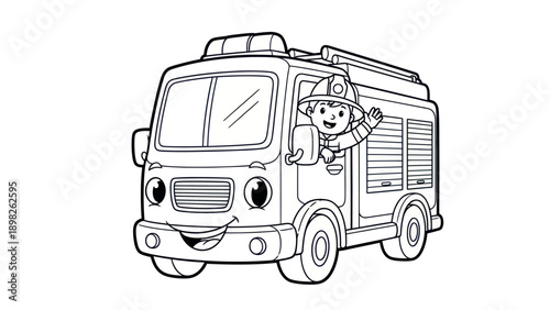 A cheerful young child dressed as a firefighter waves happily from the window of a friendlylooking fire truck, perfect for childrens books, educational materials, or safety awareness