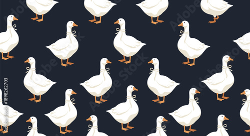 Seamless pattern of elegant white geese wearing ribbons around their necks standing on a dark blue background for fabric design.