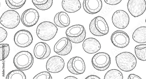Seamless pattern background of hand drawn whole and halved coconuts in a detailed black and white sketch or engraving art style.