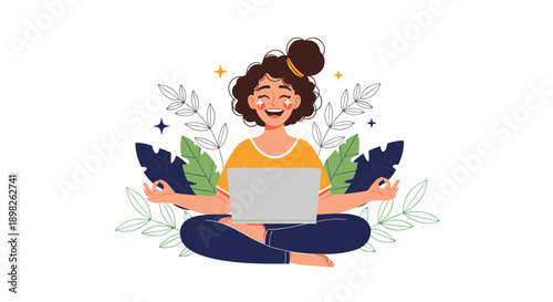 Happy young woman meditating in a lotus yoga pose with a laptop computer on her lap finding work life balance and wellness.