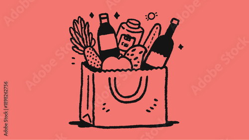 Hand drawn grocery shopping bag illustration with fresh food items in a simple sketch style