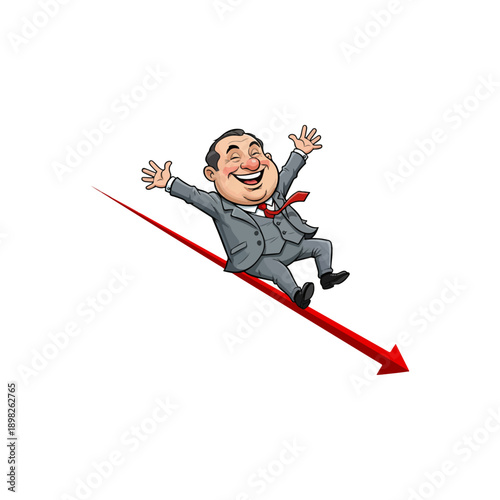 Happy businessman sliding down a red arrow, symbolizing a joyful descent or unexpected positive outcome in business.