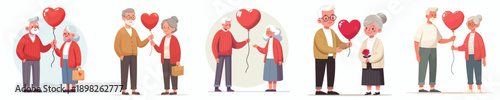 vector of a old couple walking together and holding valentine love balloons