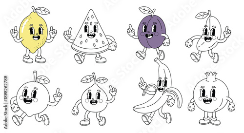 Set of retro cartoon fruit characters in a classic 1930s animation style with color and black and white outline versions.