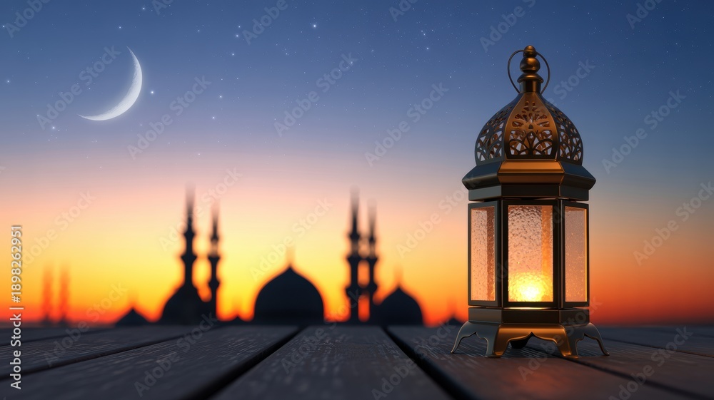 Obraz premium Ramadan Evening Scene with a Lit Lantern and Mosque Silhouettes Against a Starry Sunset Sky Ramadan special Ramadan Mubarak