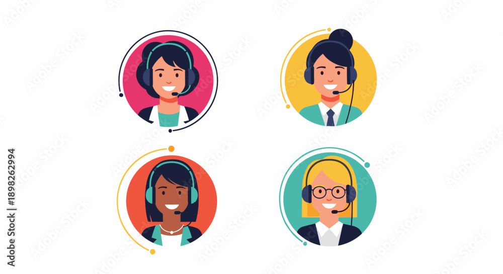 Fototapeta premium Set of four avatars featuring diverse female customer service agents with headsets smiling in a professional call center concept.
