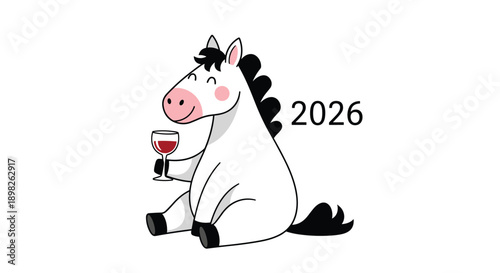 Cute cartoon of the 2026 Chinese zodiac animal the horse sitting and holding a glass of red wine to celebrate the new year.