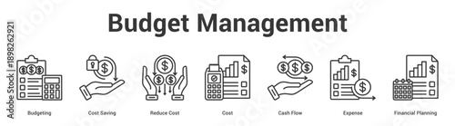 Budget Management web banner icon set vector illustration concept for business with icon of Budgeting, Cost Saving, Reduce Cost, Cost, Cash Flow, Expen.