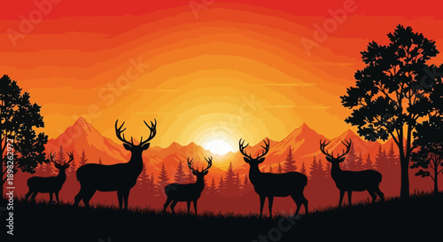Group of Deer Silhouetted at Sunset.