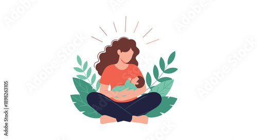 Loving mother sitting cross-legged on the floor and holding her newborn baby close surrounded by decorative green leaves.