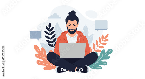 Young bearded man with a man bun working or studying online with a laptop while sitting cross-legged surrounded by plants.