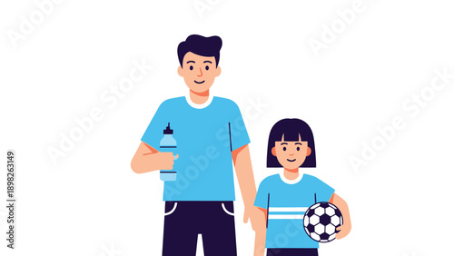 Happy adult man and young child girl wearing blue sports shirts with a soccer ball and water bottle ready for outdoor sports activity and exercise