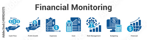 Financial Monitoring web banner icon set vector illustration concept for business with icon of Cash Flow, Profit Growth, Expenses, Cost, Risk Manageme.