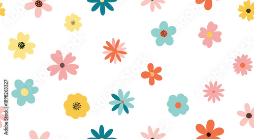 Seamless pattern of cute colorful and simple stylized flowers in a scattered doodle style on a clean white background for kids.