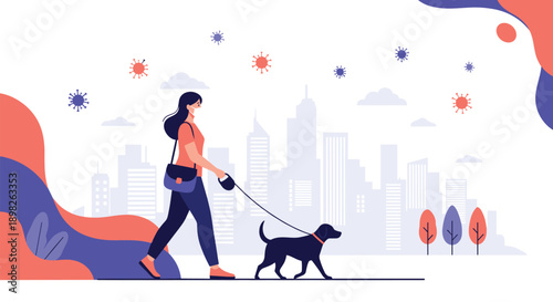 Woman wearing a protective face mask and walking her dog on a leash in a city park during the covid-19 coronavirus pandemic.