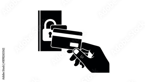 Secure online payment system symbol featuring a hand inserting a credit card into a locked interface, ideal for financial technology applications and data protection services.