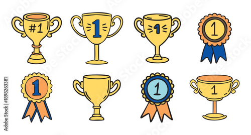 Trophy and award medal set with number 1 golden cups, hand drawn doodle