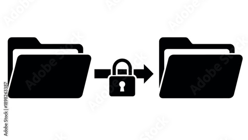 Secure digital file transfer with a padlock and arrow indicating data encryption between document folders for cybersecurity, privacy, and safe information management systems