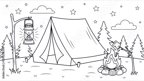 Engaging outline drawing of a tranquil camping scene with a tent, glowing lantern, and a crackling campfire for childrens coloring books or outdoor adventure themed educational materials