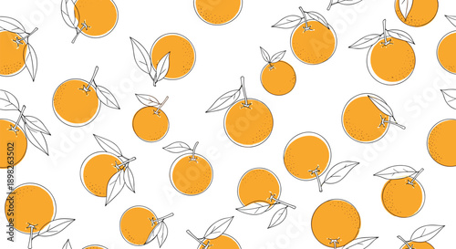 Seamless background pattern of fresh orange fruits with leaves in a stylish hand drawn sketch and color doodle art style.