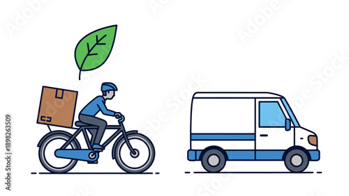 Comparison of sustainable urban delivery options featuring a bicycle courier with a package and a green leaf symbol alongside a conventional transport van for logistics services
