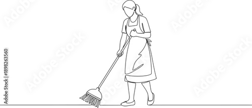 Continuous one line drawing of a woman sweeping the floor depicting household cleaning in minimalist line art vector style