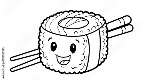 Happy sushi roll held by chopsticks, a fun graphic for childrens activities, menu decorations, or foodthemed educational materials.