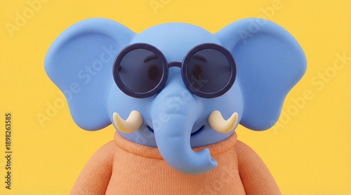Cute Clay Elephant Wearing Sunglasses on a Vibrant Yellow Background.