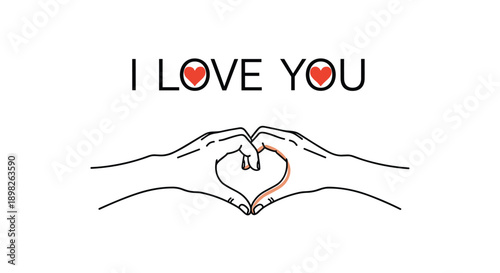 Two hands making a heart shape gesture with the phrase I love you and red hearts for a romantic valentine's day message.