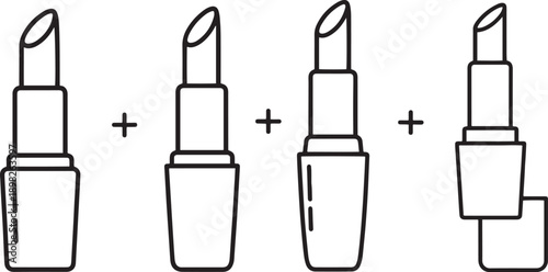 Black and white line of four lipstick tubes in various orientations with plus signs cosmetics makeup
