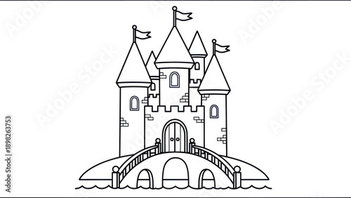 Simple fairytale castle illustration with multiple towers and flags, featuring an elegant arched bridge over water, suitable for childrens educational materials and imaginative storytelling