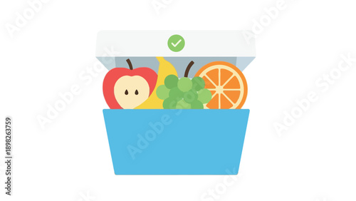 A lunchbox full of fresh fruits including a sliced red apple, yellow banana, green grapes, and an orange slice, ideal for promoting healthy snack options, balanced nutrition, and meal
