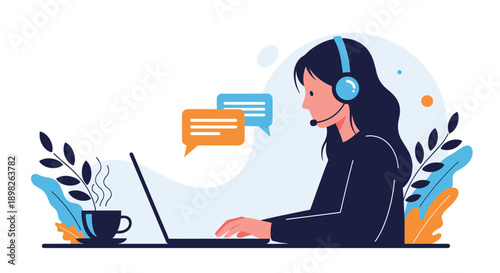 Female customer support operator with a headset working at her desk with a laptop to provide online help and assistance.