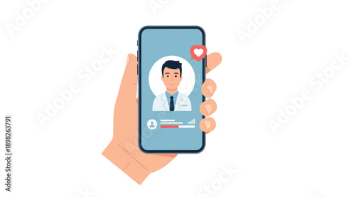 Hand holding a smartphone showing a male doctors profile on a medical app with a heart icon, perfect for promoting online doctor search, telehealth services, and healthcare technology