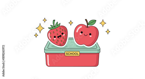 Adorable kawaii apple and strawberry characters with smiling faces sit on top of a red school lunchbox with sparkles around them.