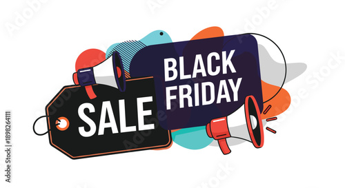 Dynamic Black Friday sale banner with megaphones a price tag and abstract colorful shapes announcing a major shopping event.