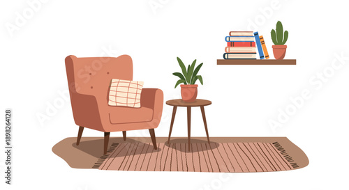 Cozy and modern living room interior featuring a comfortable armchair a side table with a plant and a bookshelf with books.