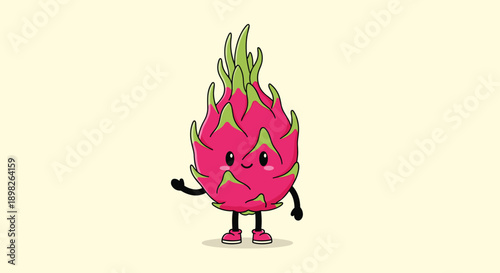 Adorable kawaii dragon fruit character with a cute smiling face and little shoes is waving a friendly hello on a yellow background.