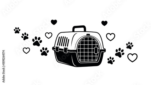 Pet carrier kennel with paw prints and heart symbols for animal transportation, pet adoption, veterinary clinic branding, or loving pet care content